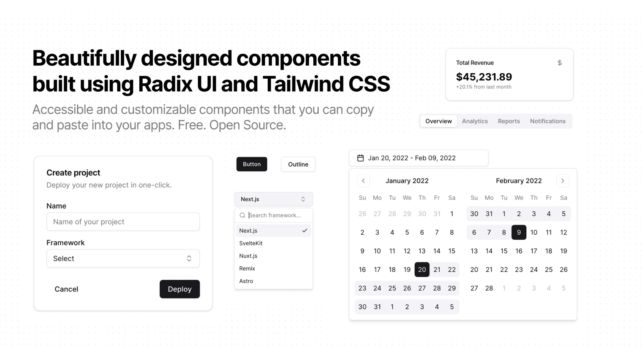 Preview of shadcn/ui - Radix UI and Tailwind CSS Re-usable Components